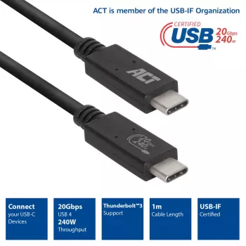 ACT USB4® 20Gbps laidas, USB-C, USB-IF sertifikuotas, 1 m