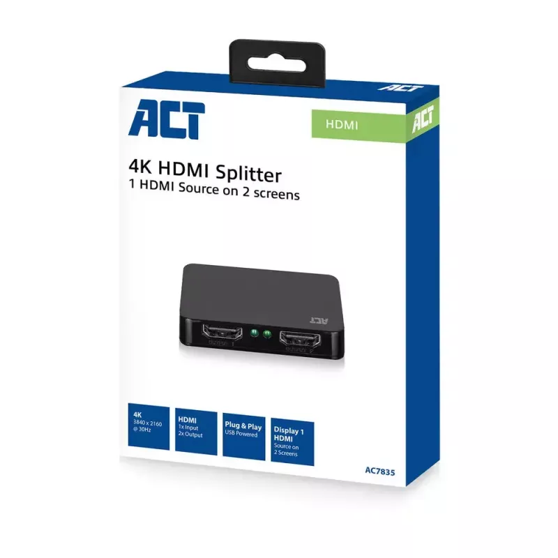ACT AC7835 HDMI 1.4 skirstytuvas 2 prievadai 4K 3840 x 2160 juodas