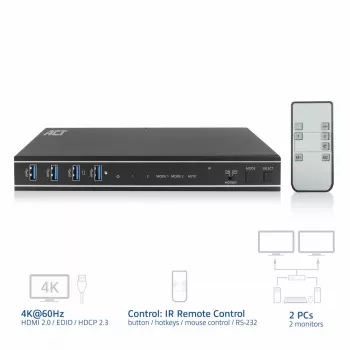 ACT AC7914 2 prievadų dvigubo HDMI KVM jungiklis, 4K@60Hz, USB 3.2 Gen1