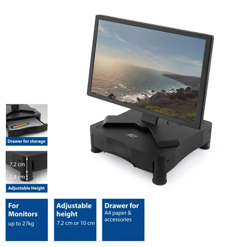 Monitor stovas ACT AC8200 reguliuojamo aukščio su stalčiumi juodas
