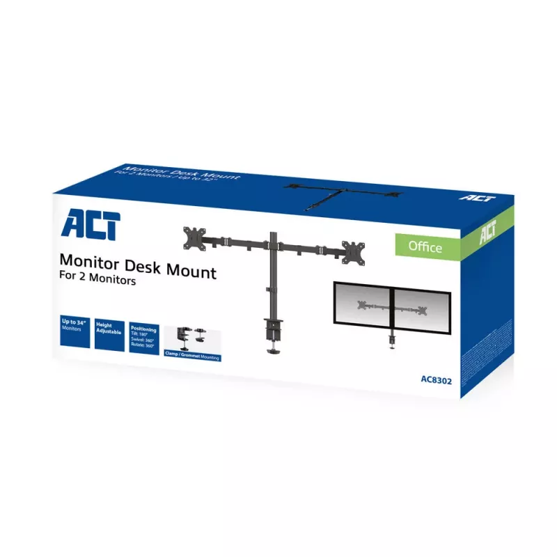 ACT Dvigubas monitoriaus laikiklis AC8302, spaustuvinis / per varžtą, 16 kg, 10-32 colių