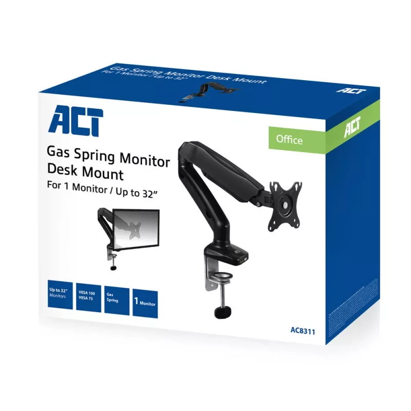 ACT dujinis monitoriaus laikiklis AC8311 juodas, spaustuvas/varžtas, 9 kg