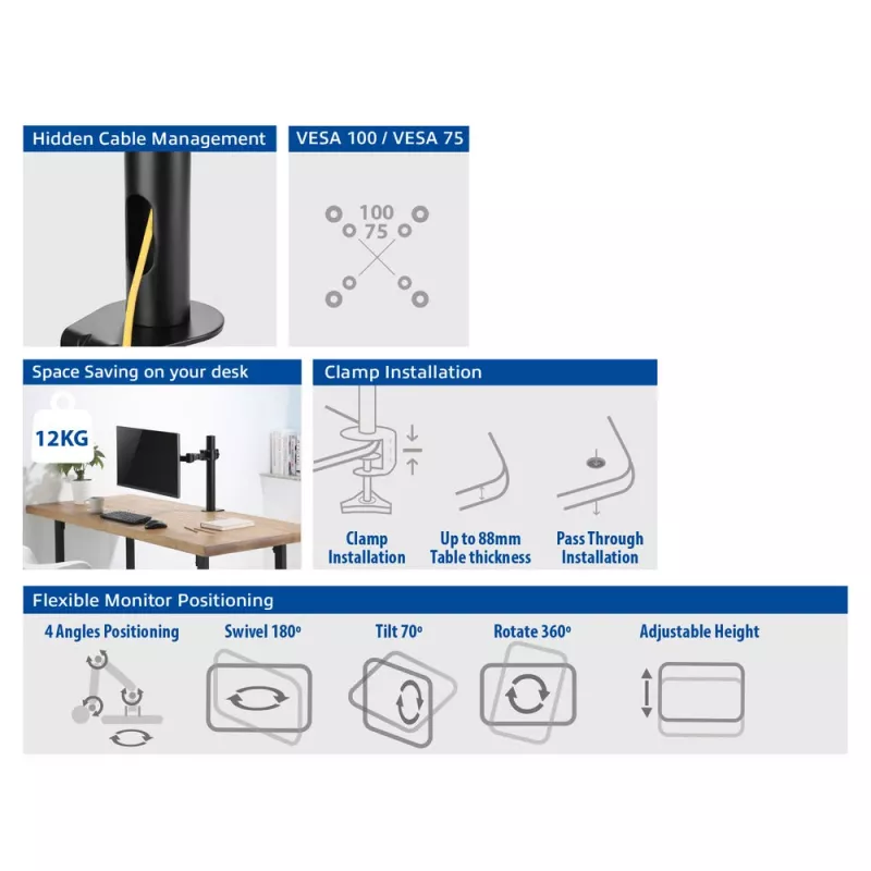 ACT vieno monitoriaus ranka Office Solid Pro spaustuvinis/varžtinis 12 kg 10-32 col.