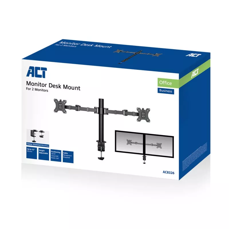ACT dviejų monitorių laikiklis Office Solid Pro, spaustuvas / per varžtą, 12 kg, 10-32 col.