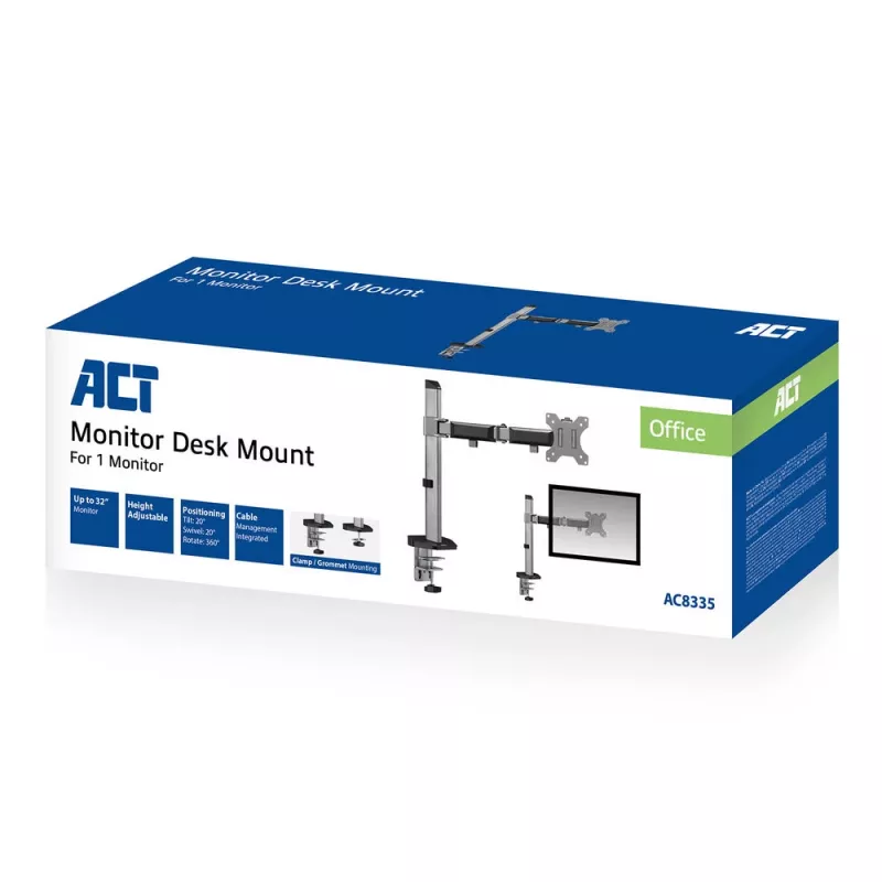 ACT AC8335 Vieno monitoriaus laikiklis stalas sidabrinis spaustuvu / per angą 9 kg 17-32 colių