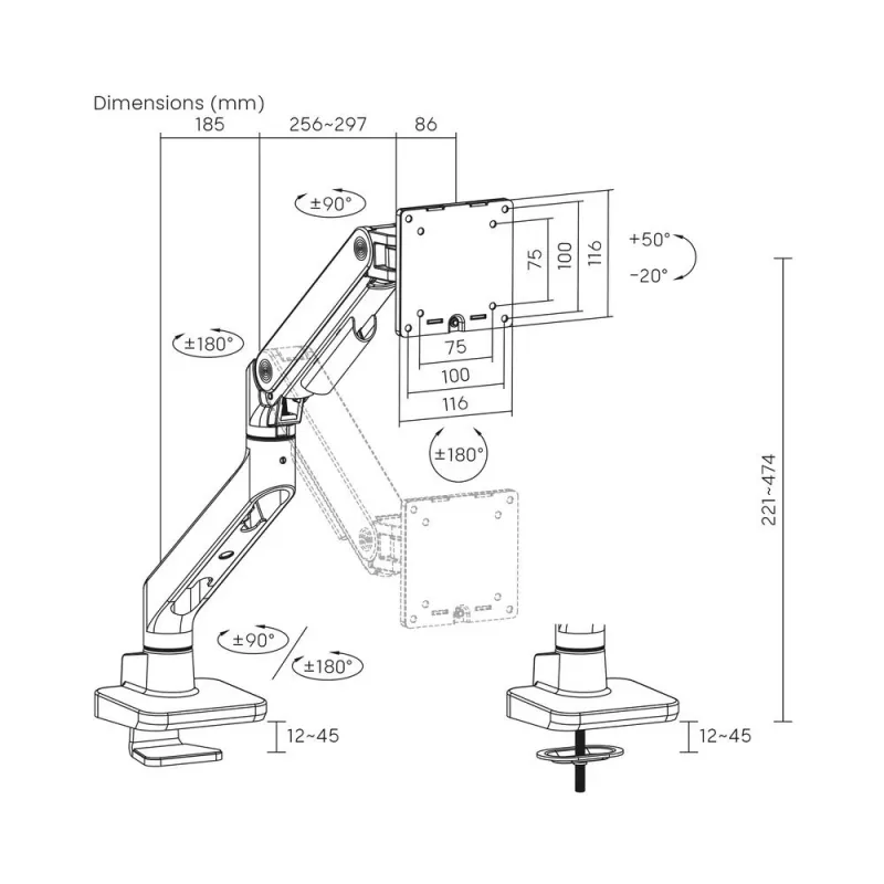 ACT Monitor laikiklis 49 col. biuro premium dujinė spyruoklė 1 monitoriui Clamp/Grommet 20 kg