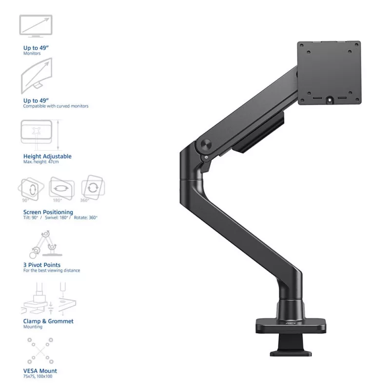 ACT Monitor laikiklis 49 col. biuro premium dujinė spyruoklė 1 monitoriui Clamp/Grommet 20 kg