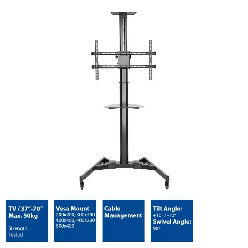 Televizoriaus stovas ant ratukų ACT AC8370 juodas 70 colių 50 kg VESA 200x200–600x400