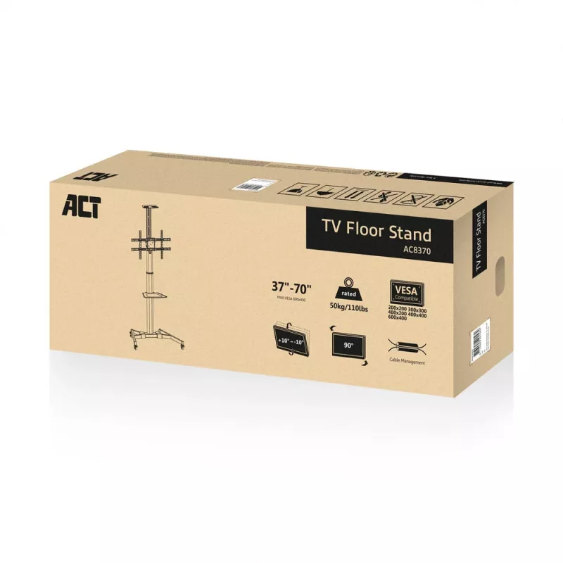 Televizoriaus stovas ant ratukų ACT AC8370 juodas 70 colių 50 kg VESA 200x200–600x400