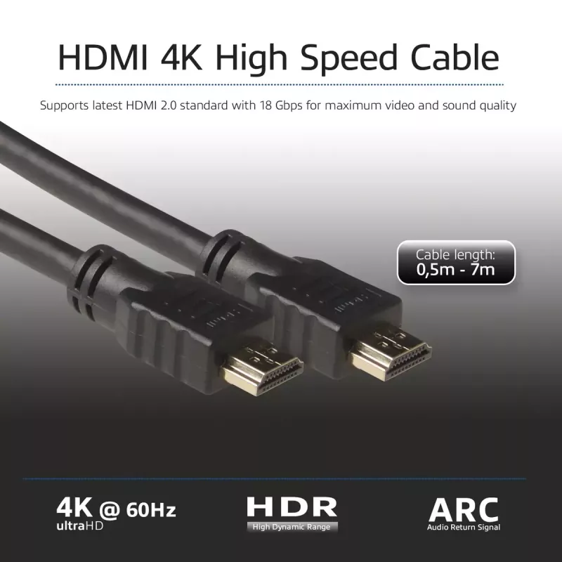ACT 0,5 m aukštos spartos HDMI 2.0 laidas, HDMI-A kištukas - HDMI-A kištukas (AWG30)