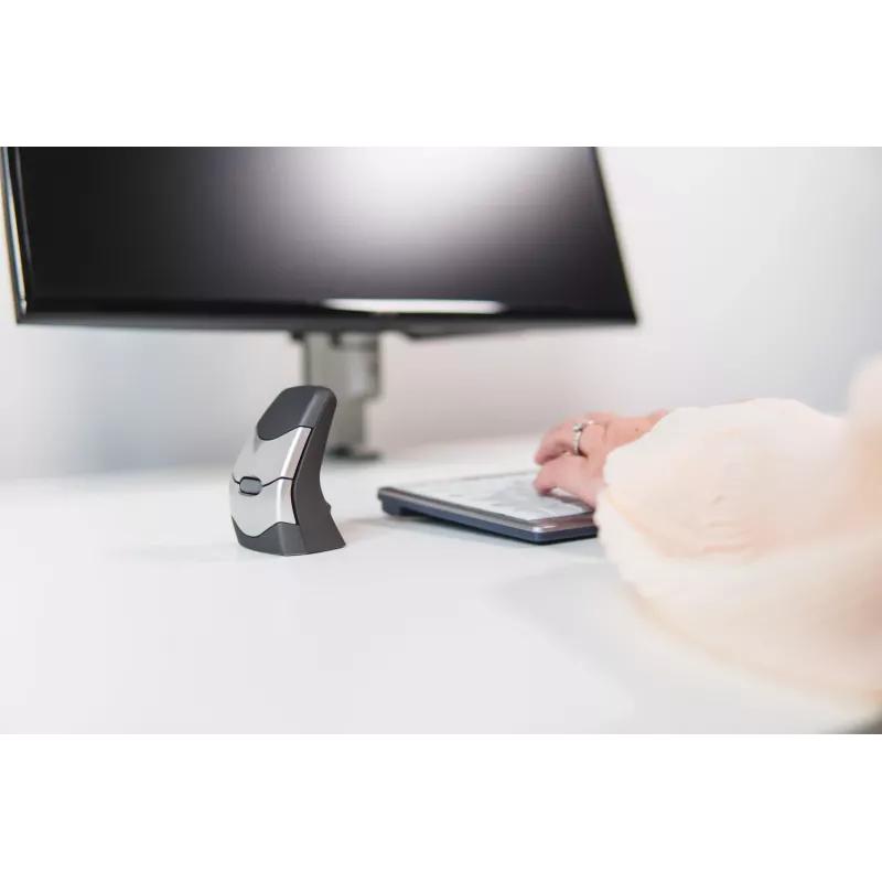 BakkerElkhuizen DXT 2 Precision Mouse belaidė, ambidekstrinė, vertikalaus dizaino, lazerinė, RF belaidis + Bluetooth, 2000 DPI, juoda, pilka