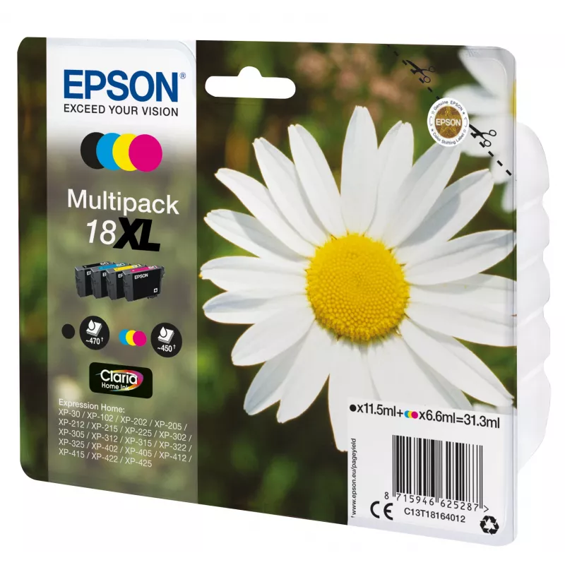 Epson Daisy Multipack 4 spalvos 18XL Claria Home Ink, juoda, žydra, purpurinė, geltona, 11,5 ml, 6,6 ml, 1 vnt., 470 puslapių, multipaketas