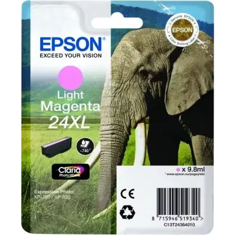 Kasetė su rašalu Epson Elephant 24XL šviesiai purpurinė Claria Photo HD (vienkartinė, pigmentinė, šviesiai purpurinė)