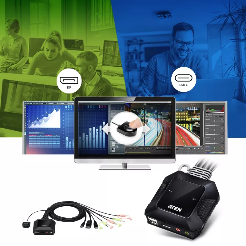 ATEN CS52DP 2 prievadų USB-C DisplayPort hibridinis KVM jungiklis, 4096 x 2160 pikselių, 4K Ultra HD, 0,74 W, juodas