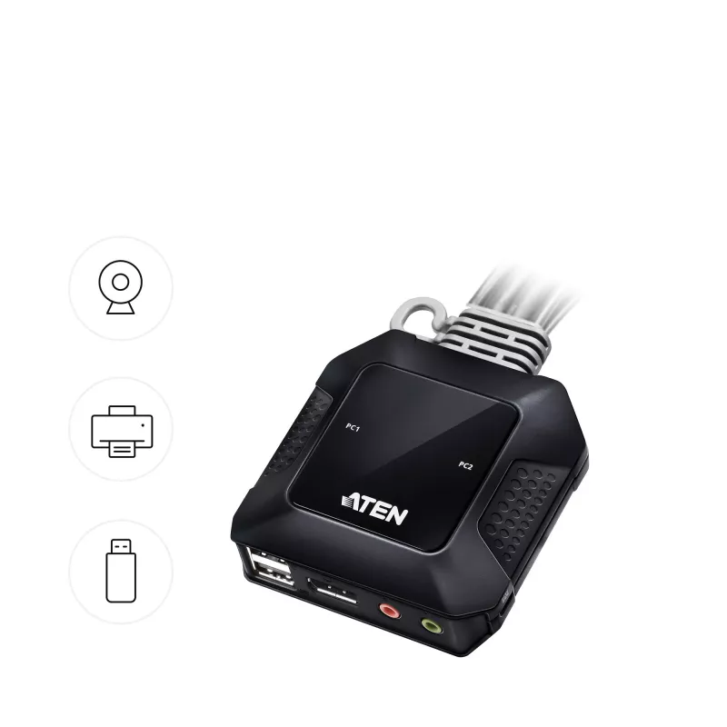 ATEN CS52DP 2 prievadų USB-C DisplayPort hibridinis KVM jungiklis, 4096 x 2160 pikselių, 4K Ultra HD, 0,74 W, juodas