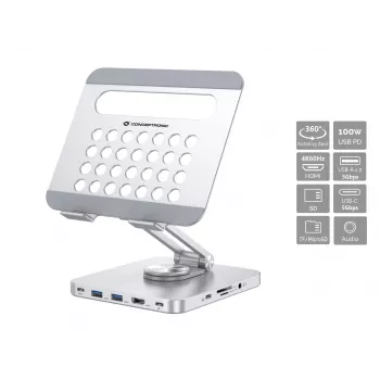 Conceptronic DONN26G sidabrinis daugiafunkcis stovas planšetei su 8-in-1 dokavimo stotele