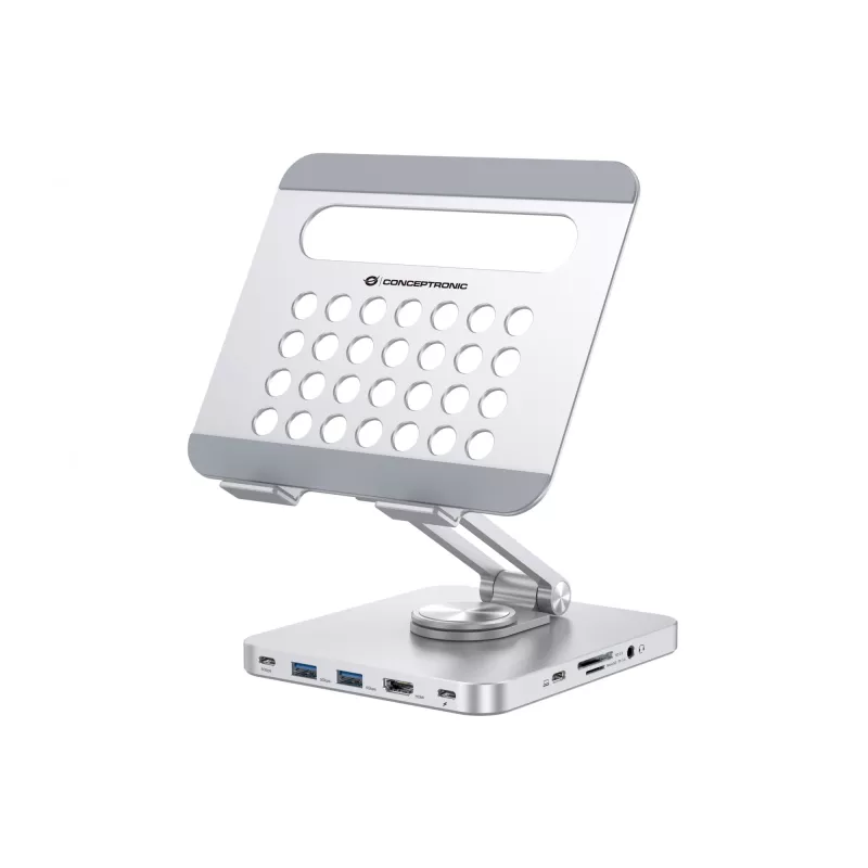 Conceptronic DONN26G sidabrinis daugiafunkcis stovas planšetei su 8-in-1 dokavimo stotele