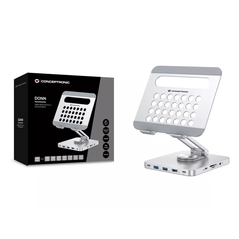 Conceptronic DONN26G sidabrinis daugiafunkcis stovas planšetei su 8-in-1 dokavimo stotele