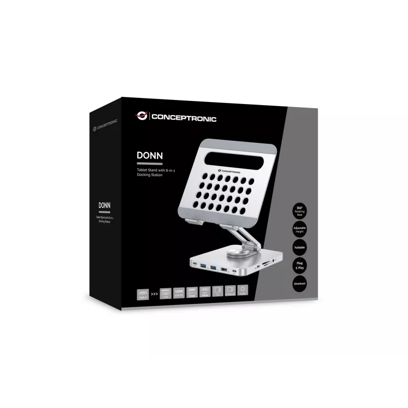 Conceptronic DONN26G sidabrinis daugiafunkcis stovas planšetei su 8-in-1 dokavimo stotele