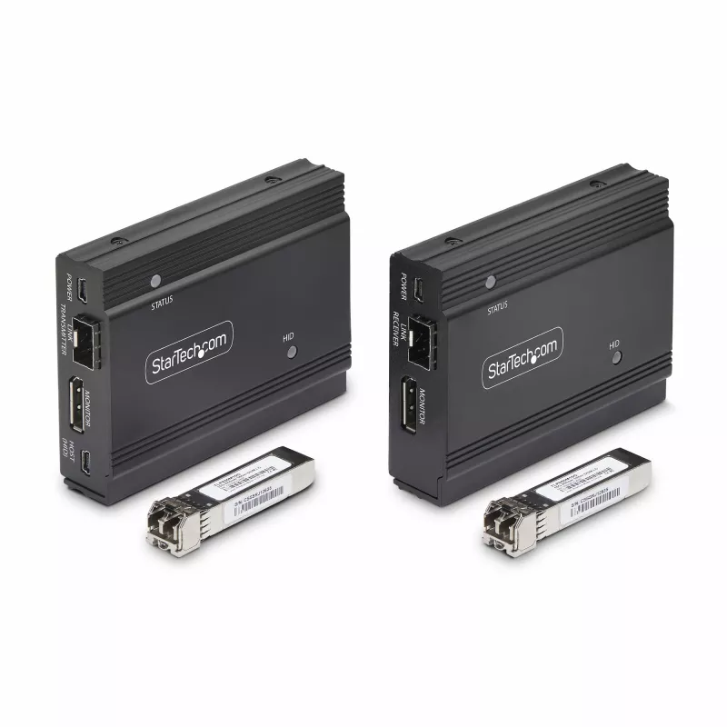 StarTech.com DisplayPort KVM prailgintuvas per šviesolaidį, 4K 60Hz, konsolės prailgintuvo rinkinys, iki 984 pėdų/300 m (daugiamodis) su įmontuotais SFP+ moduliais, 3x USB HID