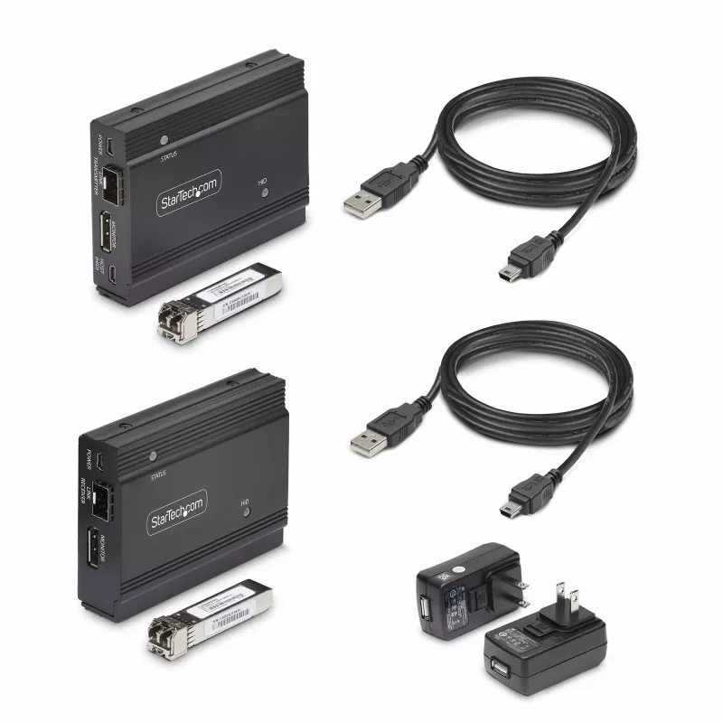 StarTech.com DisplayPort KVM prailgintuvas per šviesolaidį, 4K 60Hz, konsolės prailgintuvo rinkinys, iki 984 pėdų/300 m (daugiamodis) su įmontuotais SFP+ moduliais, 3x USB HID