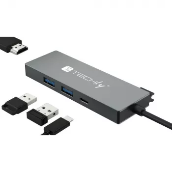 Techly IUSB32C-HUB4HPD dokas / prievadų replikatorius, laidinis, USB 3.2 Gen 2 (3.1 Gen 2) Type-C, pilkas