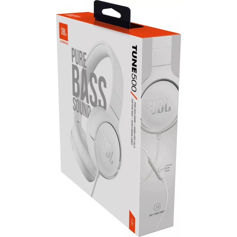 JBL Tune 500 JBLT500WHT ausinės ant ausų, laidinės, su mikrofonu, plokščias nesusipinantis laidas, baltos