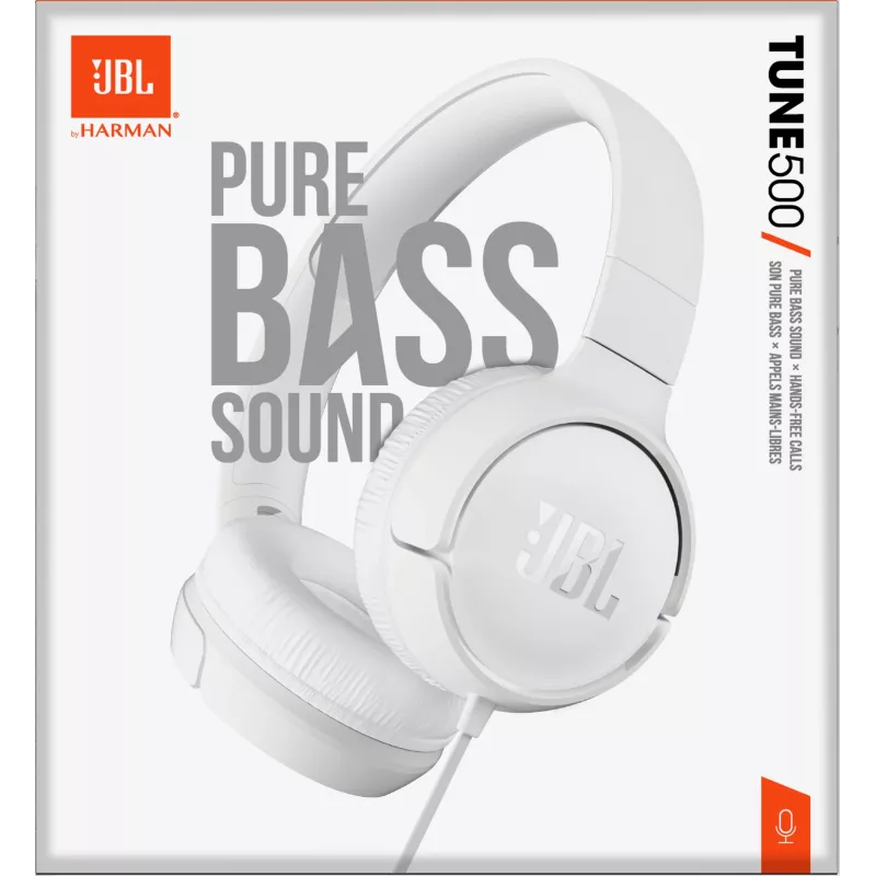 JBL Tune 500 JBLT500WHT ausinės ant ausų, laidinės, su mikrofonu, plokščias nesusipinantis laidas, baltos