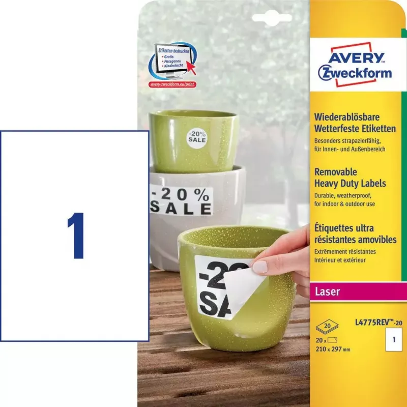 Lipni etiketė visam A4 lapui Avery Zweckform L4775REV-20 – balta, nuolatiniai klijai, 210×297 mm, 20 lapų