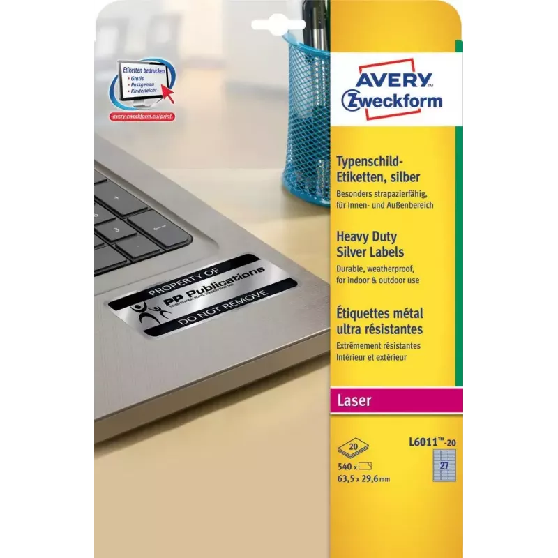 Lipni etiketė Avery L6011-20 sidabrinė, užapvalintas stačiakampis