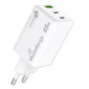 Mobiliojo įrenginio įkroviklis MediaRange MRMA116-2 – 65 W, 2× USB-C, 1× USB-A, GaN, balta