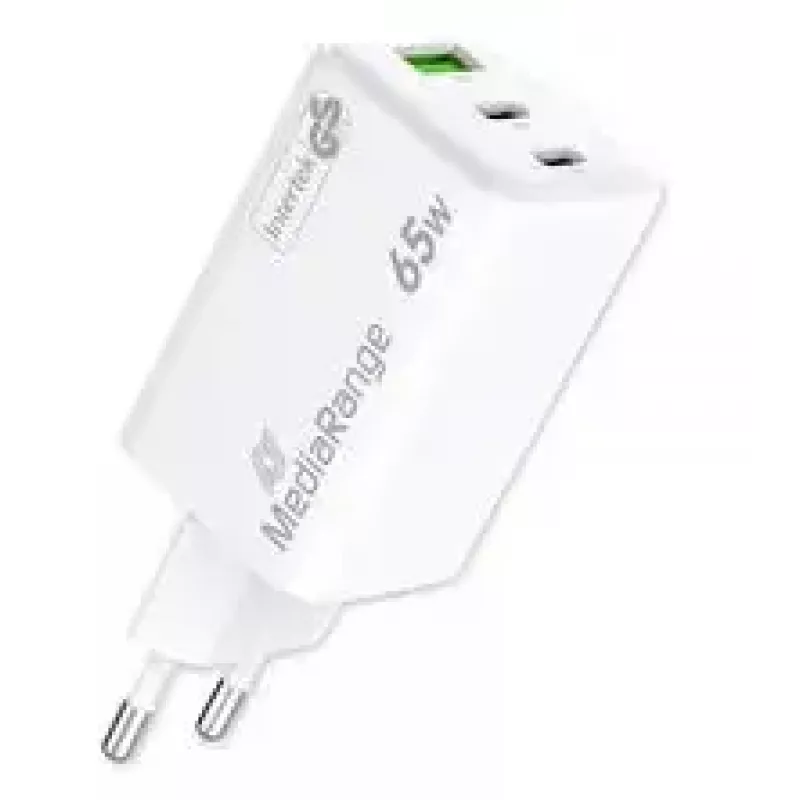 Mobiliojo įrenginio įkroviklis MediaRange MRMA116-2 – 65 W, 2× USB-C, 1× USB-A, GaN, balta