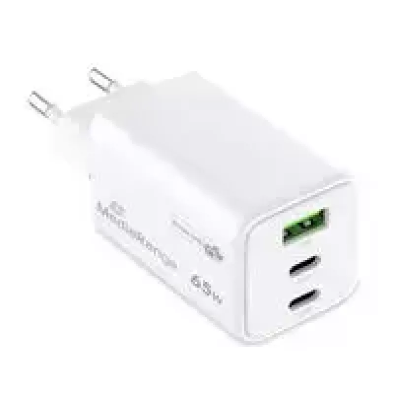 Mobiliojo įrenginio įkroviklis MediaRange MRMA116-2 – 65 W, 2× USB-C, 1× USB-A, GaN, balta
