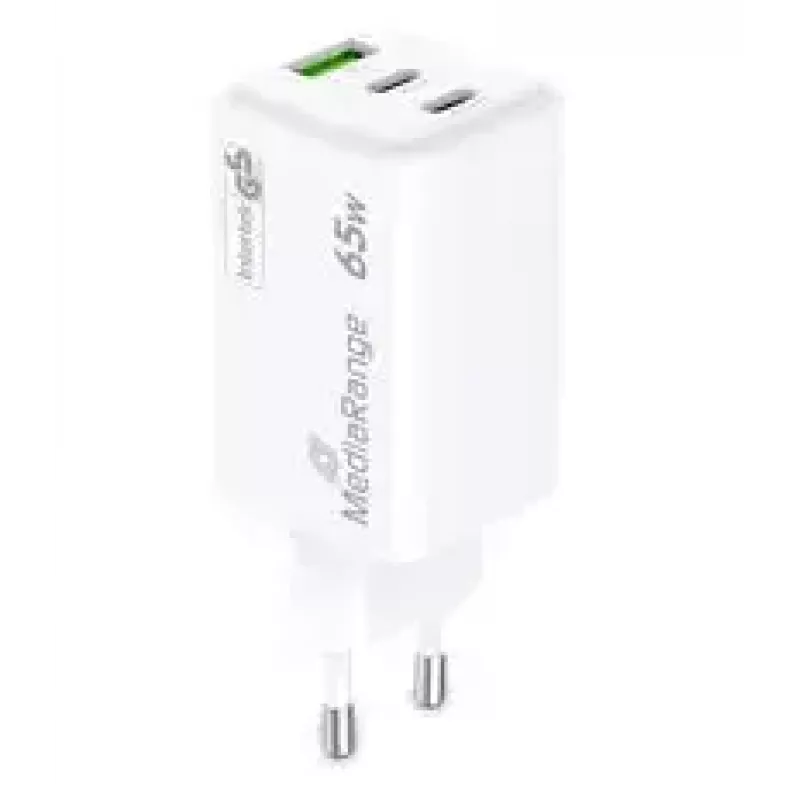 Mobiliojo įrenginio įkroviklis MediaRange MRMA116-2 – 65 W, 2× USB-C, 1× USB-A, GaN, balta