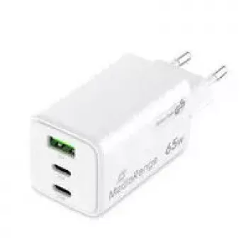 Mobiliojo įrenginio įkroviklis MediaRange MRMA116-2 – 65 W, 2× USB-C, 1× USB-A, GaN, balta