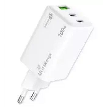Mobiliojo įrenginio įkroviklis MediaRange MRMA123 — 100W sieninis greitasis įkroviklis su 2× USB-C, GaN, 20V, baltas