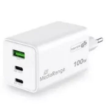 Mobiliojo įrenginio įkroviklis MediaRange MRMA123 — 100W sieninis greitasis įkroviklis su 2× USB-C, GaN, 20V, baltas