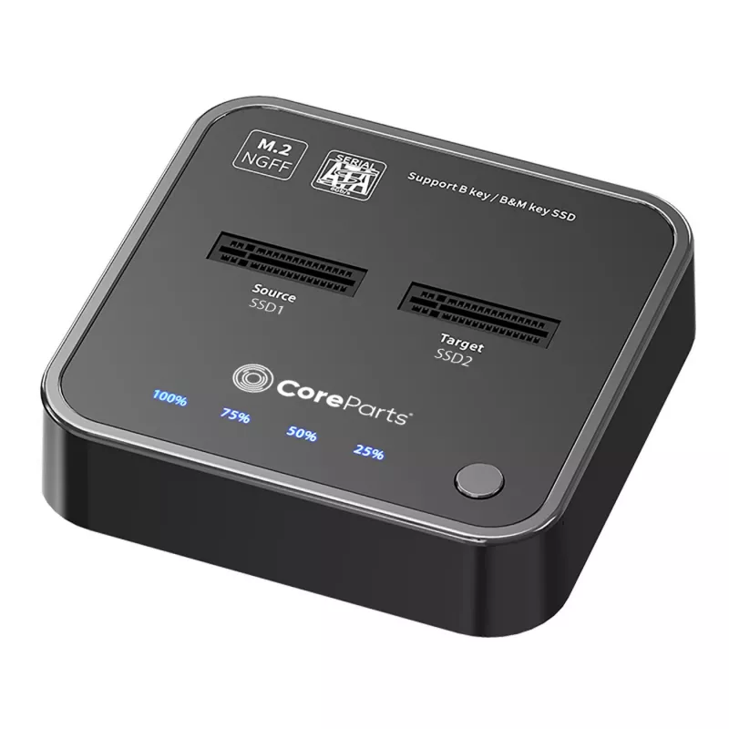 CoreParts MS-CLONER-SATA M.2 SSD dokavimo stotelė su klonavimo funkcija, USB 3.2 Gen 2 Type-C, juoda