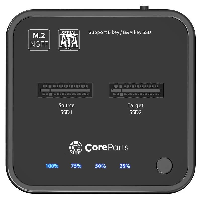 CoreParts MS-CLONER-SATA M.2 SSD dokavimo stotelė su klonavimo funkcija, USB 3.2 Gen 2 Type-C, juoda