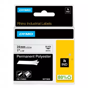 DYMO Rhino Industrial Permanentiniai Poliesterio Etiketės | 24 mm x 5,5 m | Juodas Spaudinys Ant Baltos | Lipnios | Skirtos LabelManager ir Rhino Etikečių Spausdintuvams