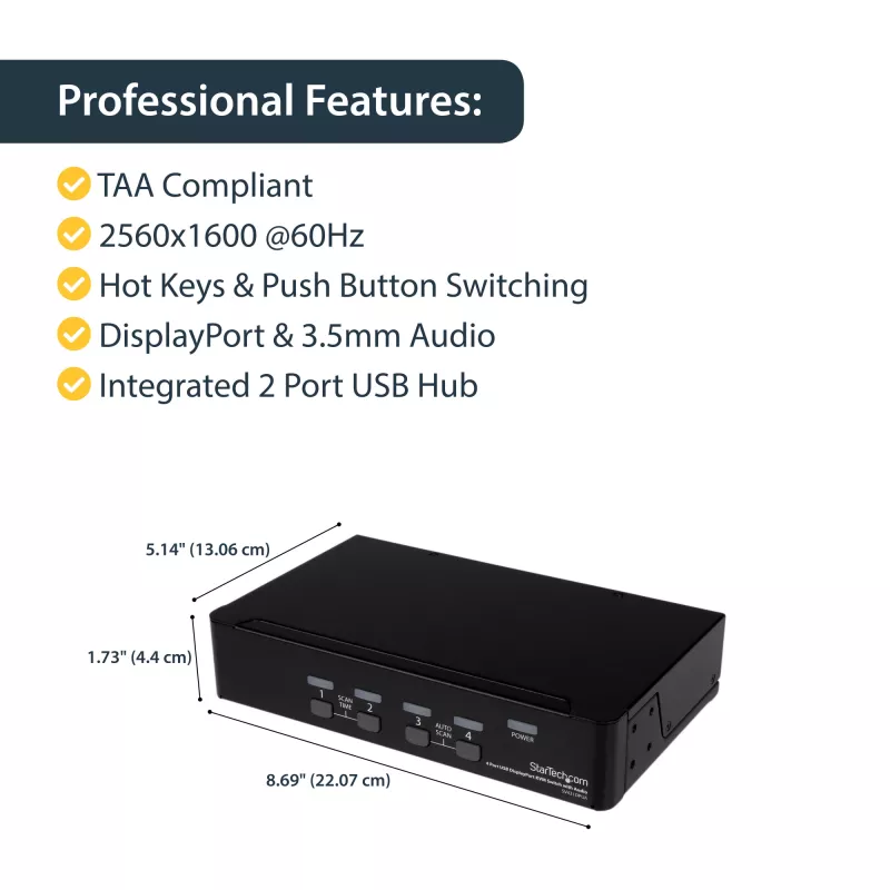 StarTech.com 4 prievadų USB DisplayPort KVM jungiklis su garsu, 3840 x 2400 pikselių, juodas