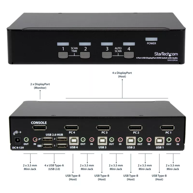 StarTech.com 4 prievadų USB DisplayPort KVM jungiklis su garsu, 3840 x 2400 pikselių, juodas