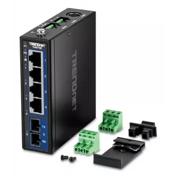 Nevaldomas Gigabit Ethernet jungiklis TRENDnet TI-G51SC, 4x RJ-45 10/100/1000, 10 Gbit/s talpa, 2000 MAC, 9–60V, montuojamas ant sienos
