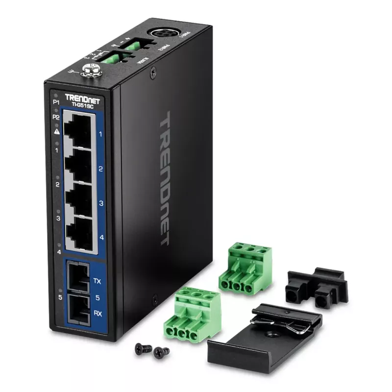 Nevaldomas Gigabit Ethernet jungiklis TRENDnet TI-G51SC, 4x RJ-45 10/100/1000, 10 Gbit/s talpa, 2000 MAC, 9–60V, montuojamas ant sienos