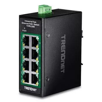 Nevaldomas Fast Ethernet PoE jungiklis TRENDnet TI-PELC80 — 8x 10/100 Mbps RJ-45, IEEE 802.3af/at, 48–56V DC, montuojamas ant sienos