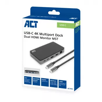ACT USB-C 4K MST dokų stotelė 2 HDMI monitoriams, Ethernet, USB-C, 3x USB-A, PD praėjimas ir 1 metro atjungiamas ryšio kabelis