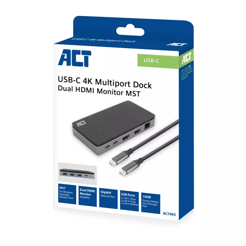 ACT USB-C 4K MST dokų stotelė 2 HDMI monitoriams, Ethernet, USB-C, 3x USB-A, PD praėjimas ir 1 metro atjungiamas ryšio kabelis