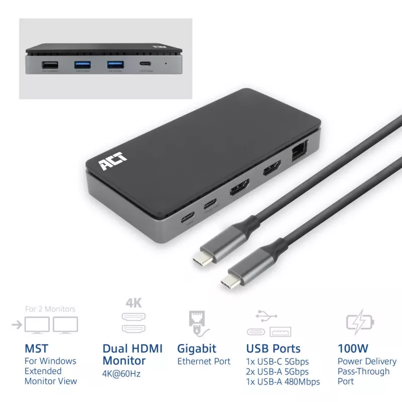 ACT USB-C 4K MST dokų stotelė 2 HDMI monitoriams, Ethernet, USB-C, 3x USB-A, PD praėjimas ir 1 metro atjungiamas ryšio kabelis