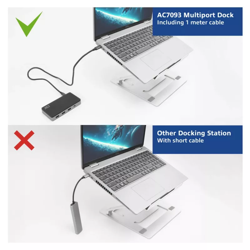 ACT USB-C 4K MST dokų stotelė 2 HDMI monitoriams, Ethernet, USB-C, 3x USB-A, PD praėjimas ir 1 metro atjungiamas ryšio kabelis