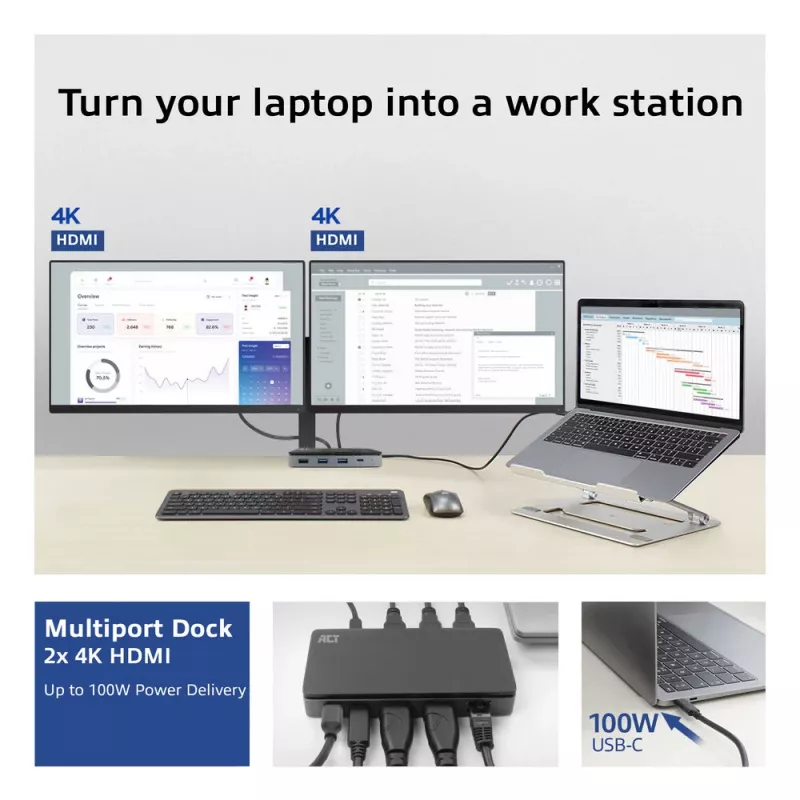 ACT USB-C 4K MST dokų stotelė 2 HDMI monitoriams, Ethernet, USB-C, 3x USB-A, PD praėjimas ir 1 metro atjungiamas ryšio kabelis